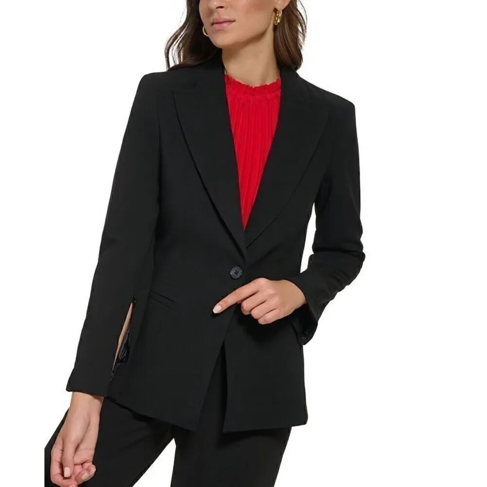 DKNY NWT Black Jacket Petite Zipper-Sleeve One-Button Blazer size 4P